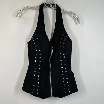 Oh Yes Black Halter Bodice Full Zip Padded Stretch Lace Up Vest Corset Top Sz M • £28.92