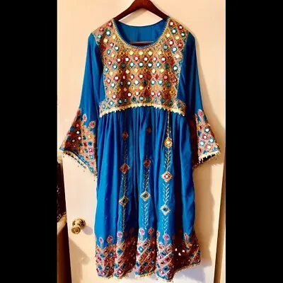 Vintage Handmade Afghan Dress Teal Blue Long Tunic Boho Mirrors Embroidered • $99