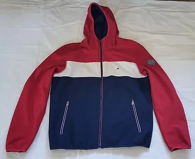 Tommy Hilfiger Men's Rain Jacket Slicker Red Blue Colorblock Logo Sleeve Hoodie • $31.45