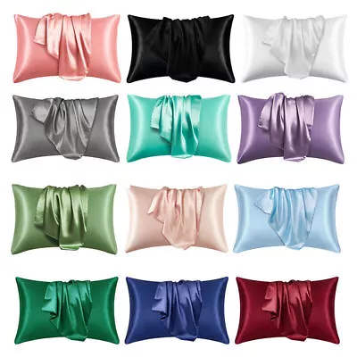 2X Soft Silk Pillowcase Satin Pillow Cases Cushion Covers Home Decor Bed Bedding • £3.99