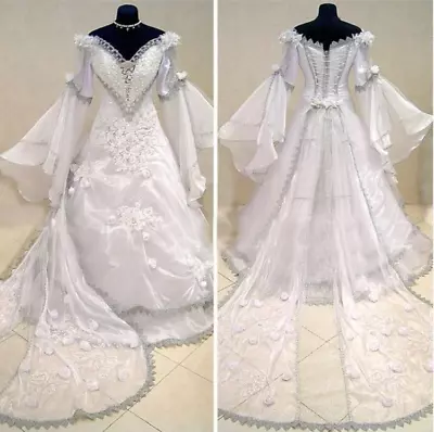 Fairy Long Sleeve Mediaeval Wedding Dresses 3D Floral Applique Beaded Tudors • $145.23