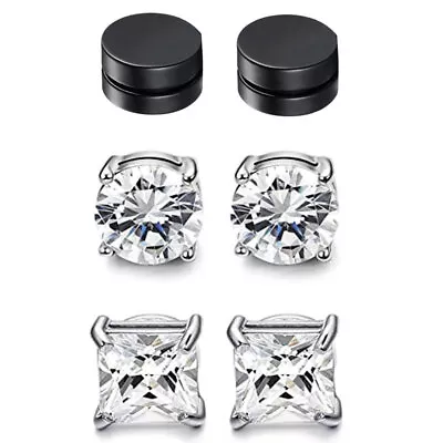 PAIR Diamond Cut Magnetic Men Women Square Sparkling Clip On Ear Studs Earrings • £3.89