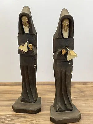 Lot Of 2 Monk Priest Carved Wood Priest PADRE Statue 11.25  Bookend Religion • $27.98