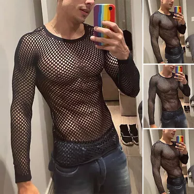 UK Mens Fishnet Sheer Mesh Shirt See Through Shirts Muscle Fit Tee Holiday Tops • £13.29