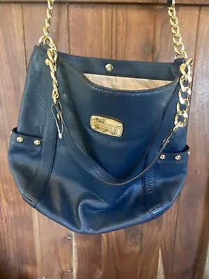 Michael Kors Delancy Large Shoulder Tote Bag Navy Blue Leather Gold Trim Package • $299