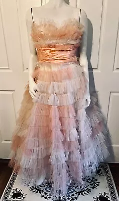 Vintage 1950's Pink Tulle Tiered Ruffle Cupcake Party Dress Strapless XS • $150