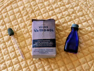 1940 Vicks Va-Tro-Nol Cobalt Blue Bottle Box Stopper & Papers Inside Box • $9.99