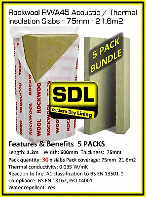 75MM 5 X PACKS Rockwool RWA45 Sound Insulation Acoustic Slab = 21.6m2 • £249.95