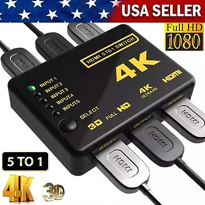 4K HDMI Switch Splitter 5 Port Selector Switcher Hub IR Remote HDTV 5 In 1 Out • $10.99