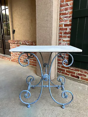 Antique French Pastry Baker’s Table Blue Iron White Marble Small Kitchen Island • $6350
