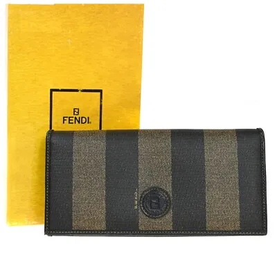 FENDI Logo Pequin Bifold Long Wallet Purse PVC Leather Brown Black Italy 04RH855 • $169.20