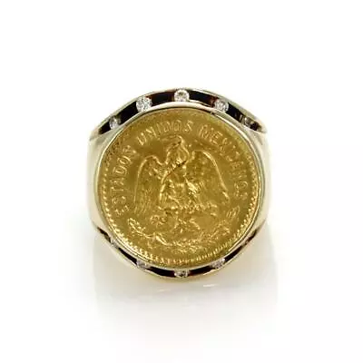 Men's Ring 22k Mexican Coin Diamond 14k Gold Round Top Ring Size 7 • $1948.06