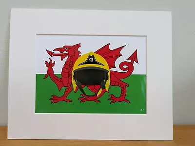 Mounted Print Of A South Wales Firefighter's Gallet Helmet On Welsh Flag  • £22