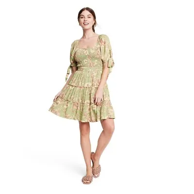 Agua Bendita Women's Floral Print Puff Sleeve Mini Dress With Pockets Size Large • $19.52
