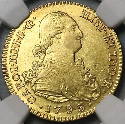 1793 NGC AU 58 Spain 2 Escudos Charles IV Madrid Gold Coin (22120501D) • $1195