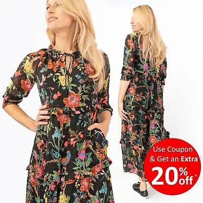 £39.95 • Buy Joules Womens Midi Dress Black Floral Brooke Woven Tiered Lightweight Pockets
