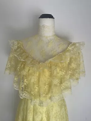 Vintage Retro Mizyell Yellow High Neck Lace Ruffle Dress Size 8 • $79