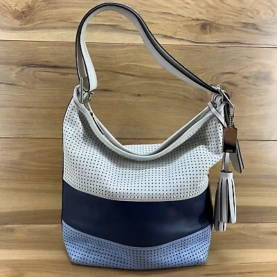 Coach Legacy Perforated XL Bucket Duffle Feed Bag Blue White Tassel Zip 22412 • $49.88