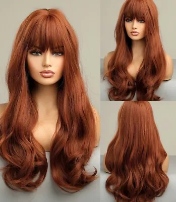 Cosplay Wig With Bangs Long Wavy Heat Resistant Hair False Scalp Ginger Orange • $15.19