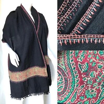 Vintage Black Kashmiri Sozni Shawl Pure Wool Hand Embroidered Paisley Wrap • £85