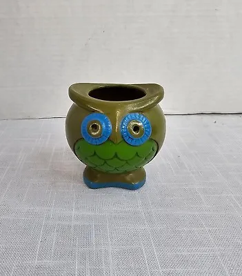 VTG MCM 1970s Japan Ceramic Glazed Owl Green W Blue Eyes Votive Candle Holder • $15.95