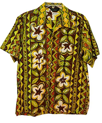 Vintage 70s Sears Men M Hawaiian Shirt Tiki Bar Retro Print Avocado Green Brown • $49.99