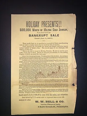 1876 Original Advertisement W. W Bell & Co Philadelphia Milton Gold Jewelry Sale • $16