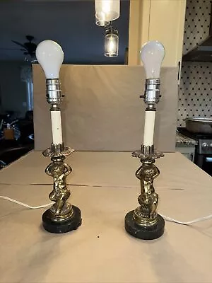 Vintage 14.5” Brass And Marble Cherub Table Lamps Matching Set. F2 • $33