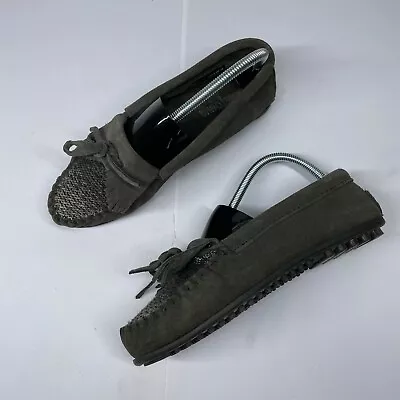 Minnetonka Size 7 Gray Tweed Kitty Moccasin Suede Leather Fringe Rubber Sole • $20