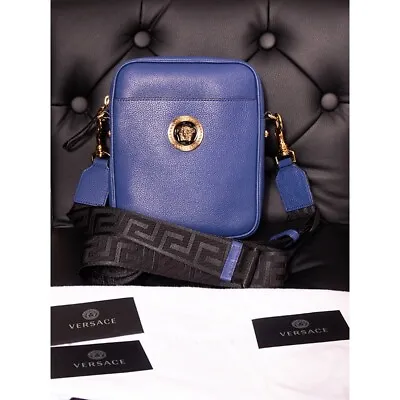 NEW $1400 VERSACE Men Blue Leather GOLD MEDUSA LOGO Crossbody GRECA STRAP BAG • $595