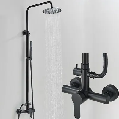 Black EXposed Bathroom Shower Mixer Twin Head Large Bar Set Round Valve System • £55