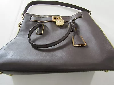 Michael Kors Hamilton Brown Silver Specchio Leather Satchel Bag Purse NWT • $100