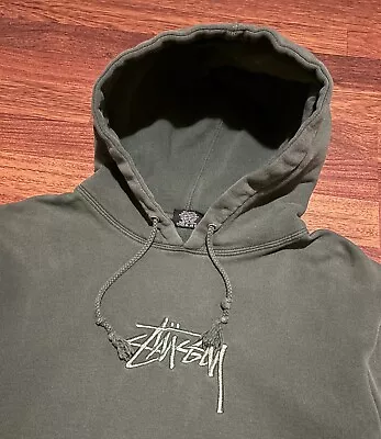 Vintage Y2K Stüssy Embroidered Spellout Green Pullover Hoodie Sweatshirt Size L • $75