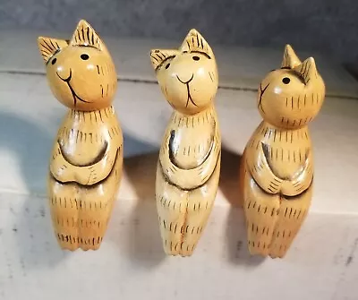 Lot Of 3 Small Hand Carved Painted Wooden Cat Figurines Decorative Shelf Sitters • $13.97