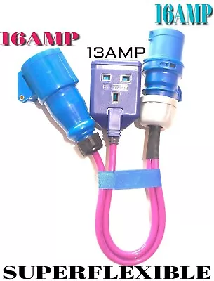 16 Amp To 16 Amp Sockets And 13amp Blue Splitter 240v Caravan Hook Up Power 16a • £24.90