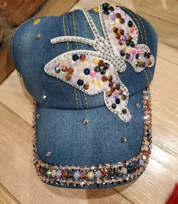 Women Jean Hats Sparkling Bedazzled Butterfly Strap Back/Multi Color Beads Denim • $8