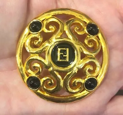 Vintage Fendi Black Cabochons Ornate Round Brooch • $399