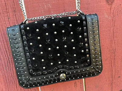 Zara Black Suede Genuine Leather Crossbody Chain Bag Purse Studded Embellished  • $49.99