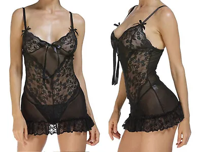 £14.95 • Buy Women Sexy Babydoll Black Sheer Floral Nightdress, Chemise & Negligees, 8-12