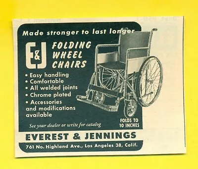 1953 EVEREST & JENNINGS Folding Wheel Chairs Calif Vintage Print Ad SV1. • $8.88