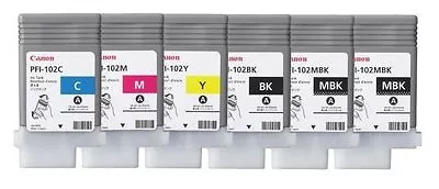 6 X Original Canon Imageprograf IPF510 IPF605 IPF610 PFI-102MBK 102BK 102C 102M • £203.59