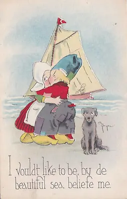 £1.94 • Buy Little Dutch Boy & Girl Kissing With Dog Comic Romance Postcard 1910's