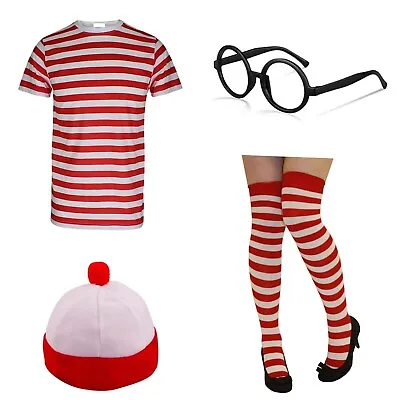 Ladies Where’s Wally Red & White Stripe T-shirt World Book Day Fancy Dress Set • £9.99