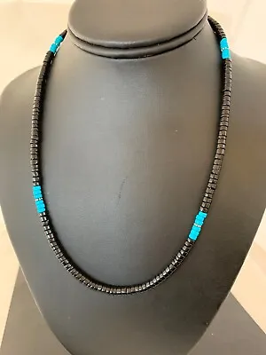 Mens Blue Turquoise Heishi Onyx Necklace Navajo Sterling Silver 8823 • $183.24