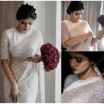 $61.68 • Buy Pearl And Sequins Work White Net Sari Saree Indian Ethnic Wedding Wear Lehenga 