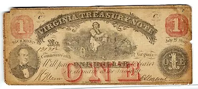 Civil War Era 1862 One Dollar Confederate State Of Virginia Treasury Note • $44.44