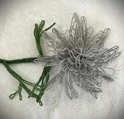 Vintage Beaded French Large Flower Seed Bead White Chrysanthemum  & Green Leaves • $18