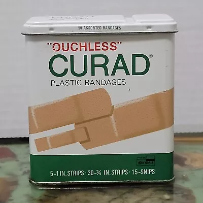 VINTAGE OUCHLESS CURAD PLASTIC BANDAGES Tin Large Size EMPTY Box 1960s 1970s • $8