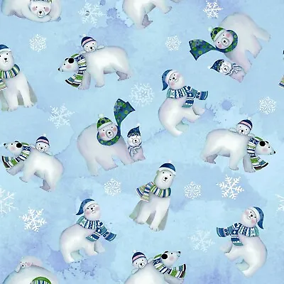 $8.99 • Buy Blue Mommy, Dad And Baby Family Polar Bears Christmas Holiday Fabric By The Yard