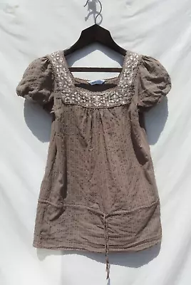 Size 12 14 Vanilla Sands Square Neck Crinkle Gypsy Peasasant Smock Tunic Top Vgc • £6.99